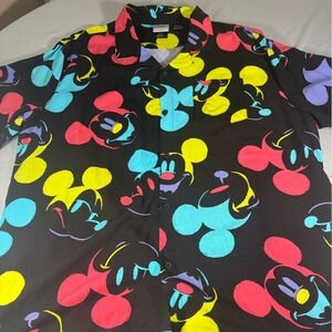 Disney Mickey Mouse Neon Button Up Shirt Men’s XL Black Rayon